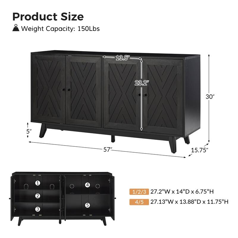 Tobias 57"Wide Mid-century Chevron-patterned Sideboard with Adjustable Shelves by HULALA HOME