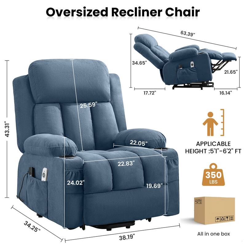 Power Lift Recliner Chair with Heat and Massage Electric Fabric Recliner Chair with Side Pocket, USB Charge Port, Remote Control