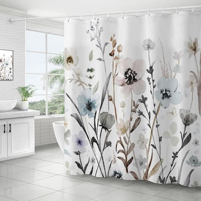 Grey Pink Blue Floral Shower Curtain 72 x 72 Inch with 12 Hook