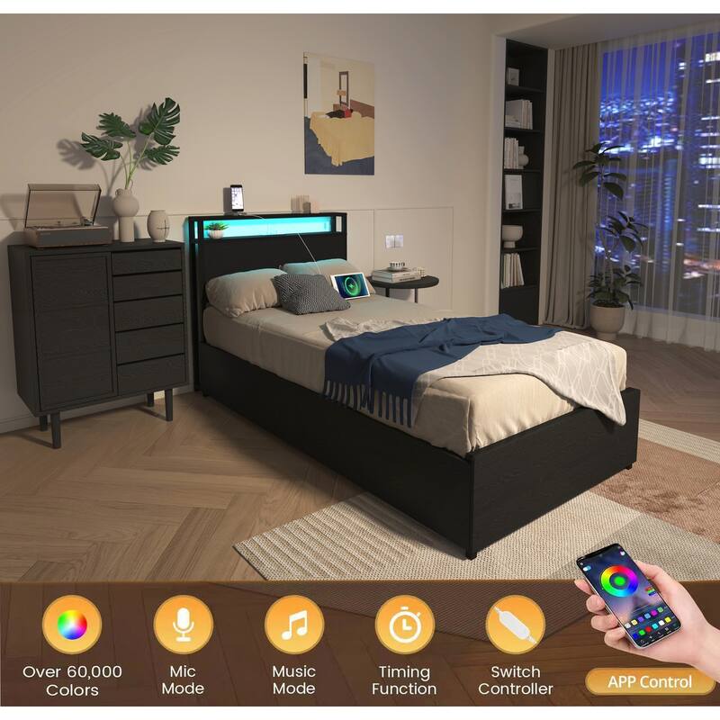 Twin Bed Frame with Storage Headboard and Charging Station