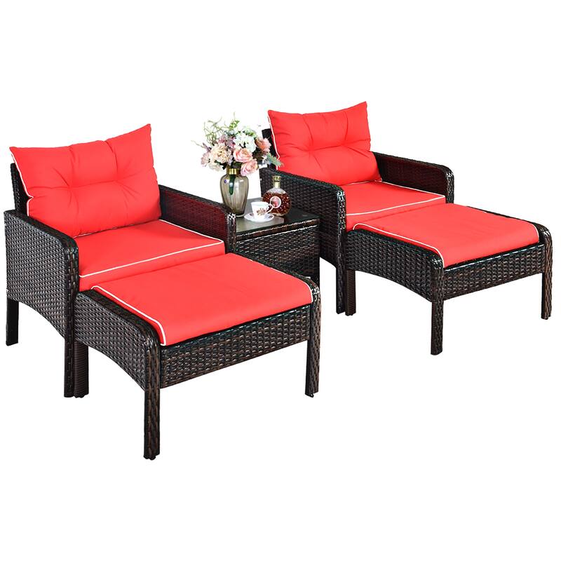 5 PCS Patio Rattan Conversation Set Outdoor Wicker Furniture Set - Red