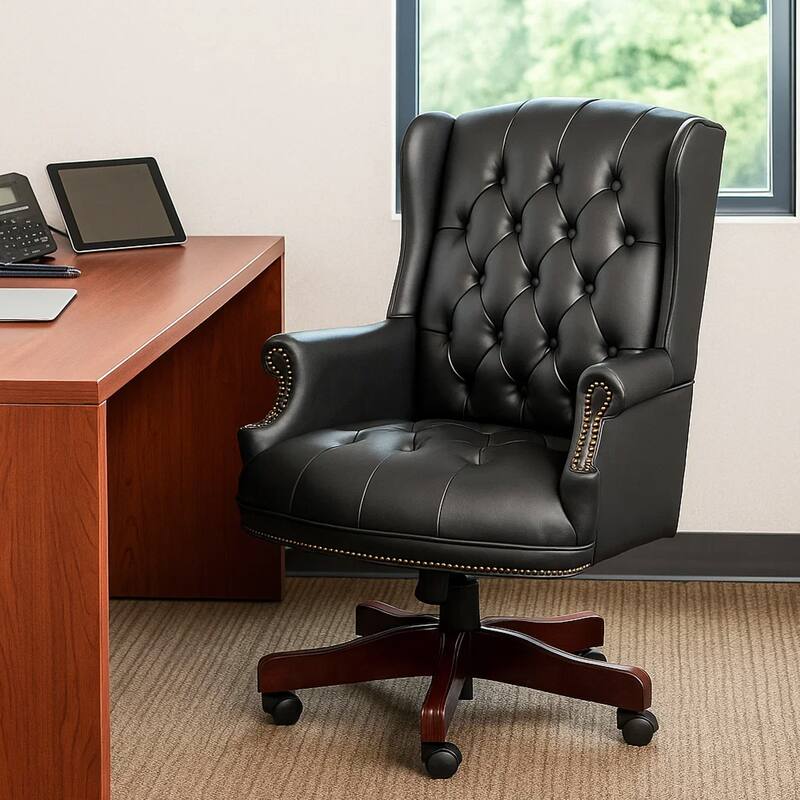 Saily Oversize Executive Chair, Traditional Wingback Black Tufted Vinyl