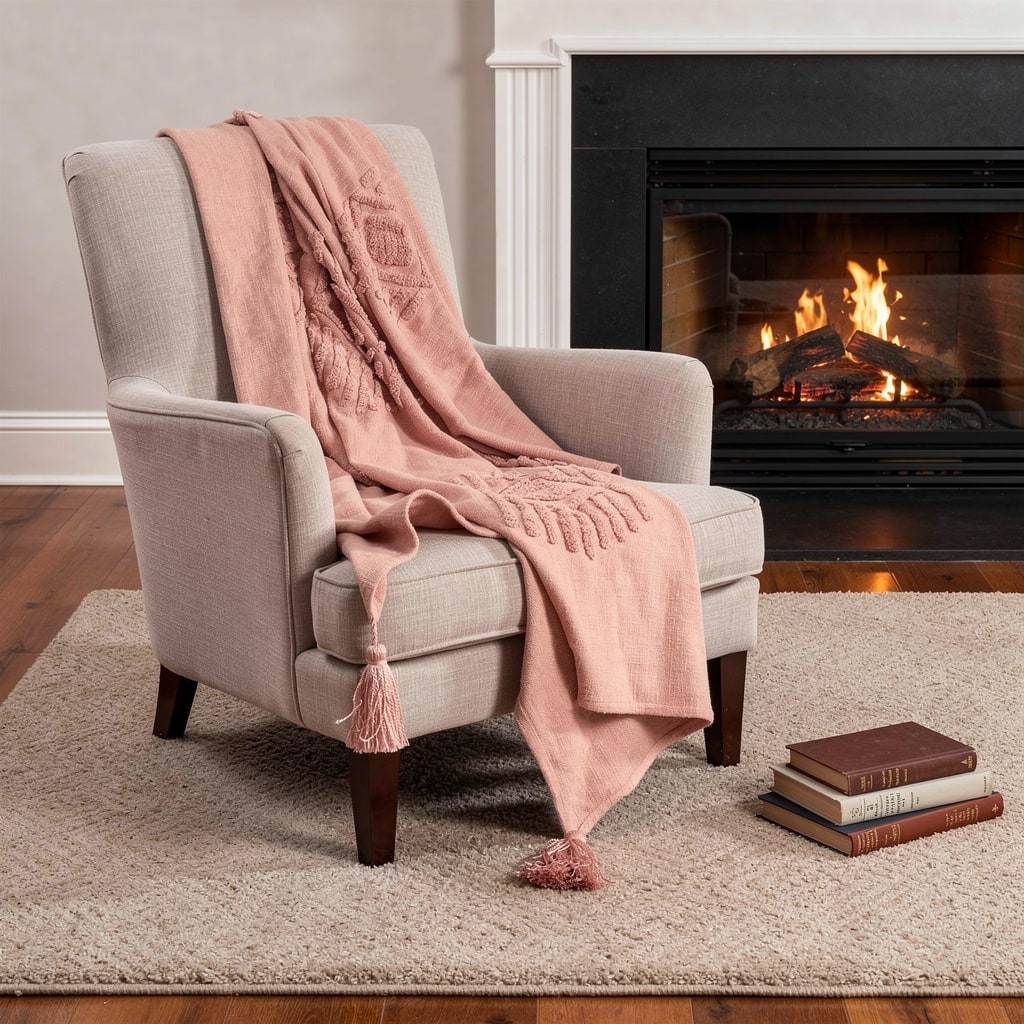 HomeRoots 50" X 60" Coral Cotton Woven Ikat Throw Blanket with Tassels