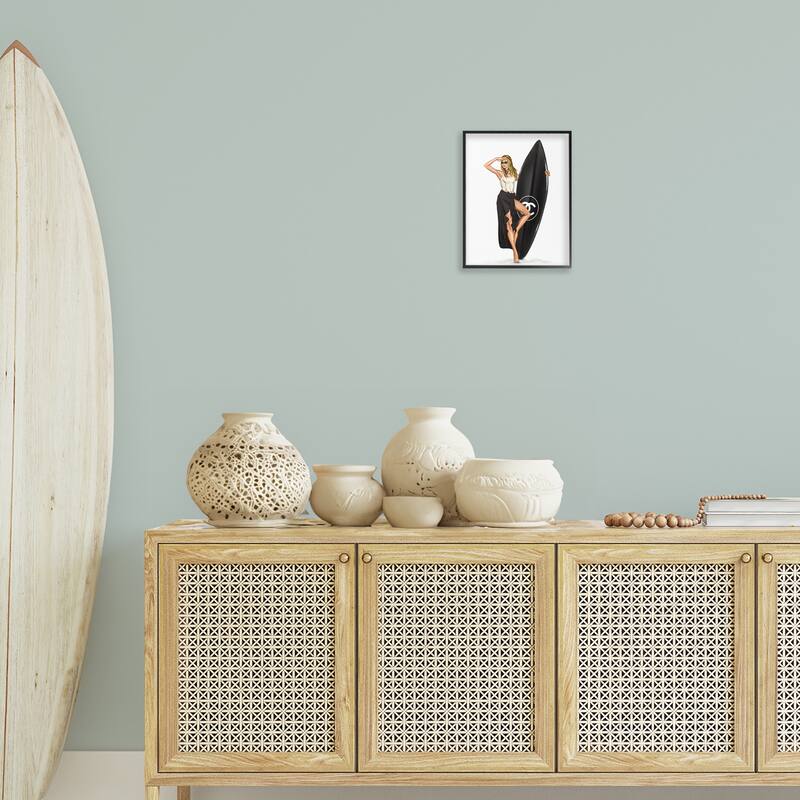 Stupell Trendy Surfer Girl in Black Framed Giclee Art Design By Ziwei Li
