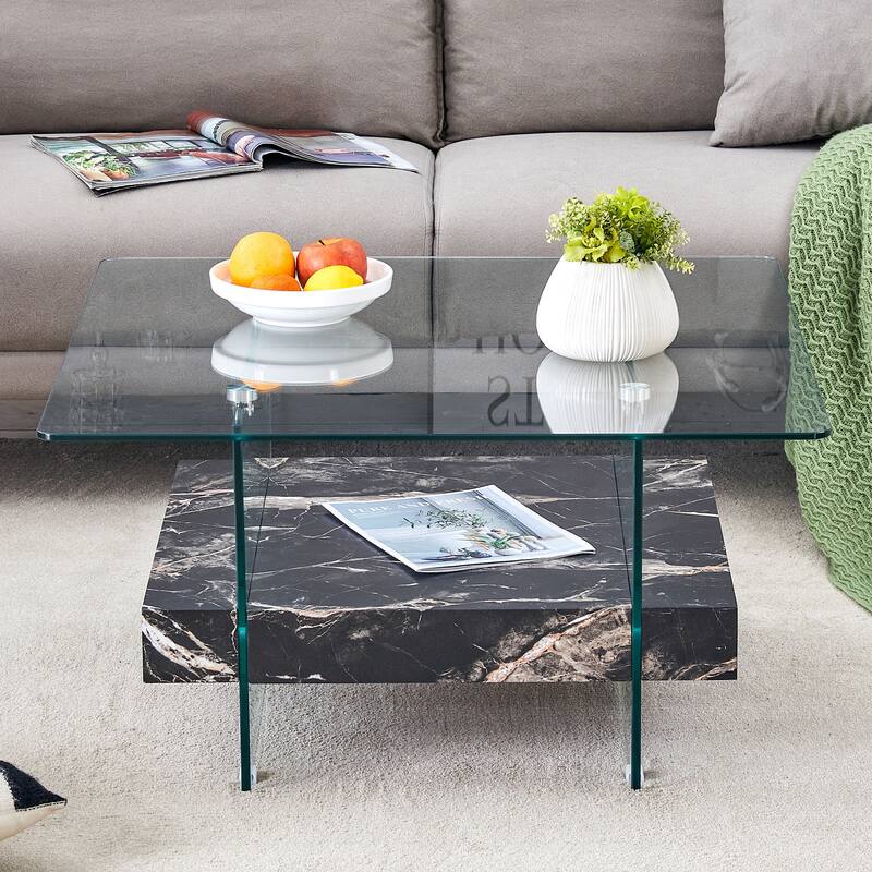 Modern Two-Tier Square Coffee Table -Elegant Combination Of Glass And Marble Pattern Sticker - Black,Transparent