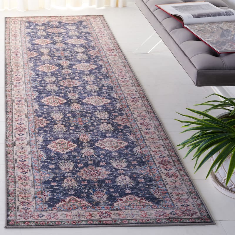 SAFAVIEH Tucson Machine Washable Slip Resistant Fraida Oriental Rug - 2'6" x 8' Runner - Navy/Beige