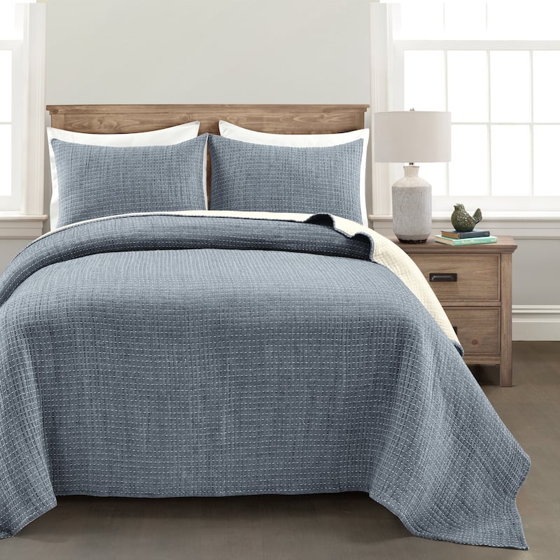 Lush Decor Solid Kantha Pick Stitch Woven Cotton 3-piece Quilt Set - Navy - Full - Queen