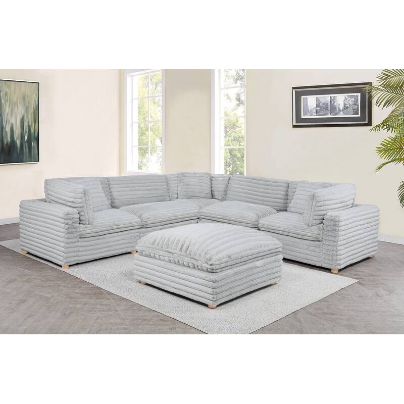 Best Quality Furniture 4-Piece Section Corduroy Modular - Light Gray 2 Corner Chairs 1 Ottoman