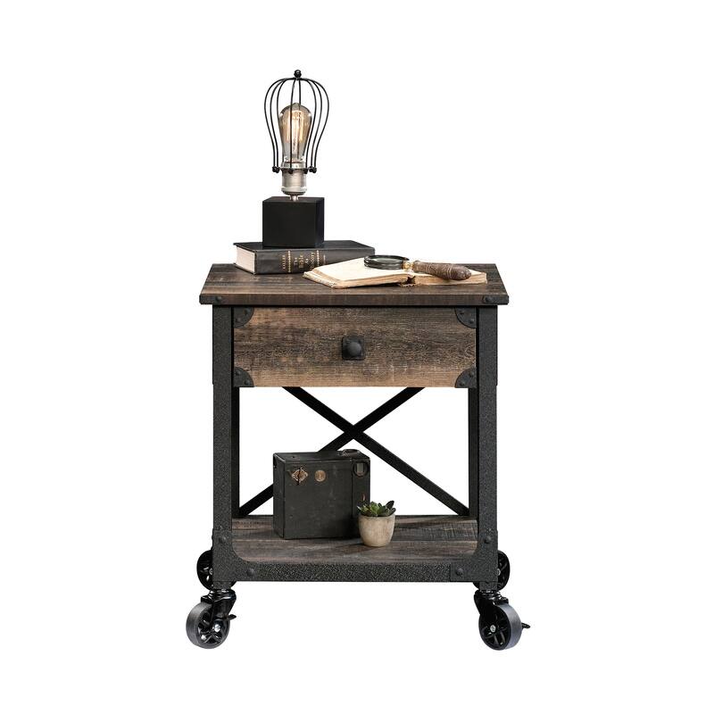 Wood Industrial Side Table with Smooth-Glide Drawers and Open Shelf, Brown - 22.44" L x 21.65" W x 23.11" H