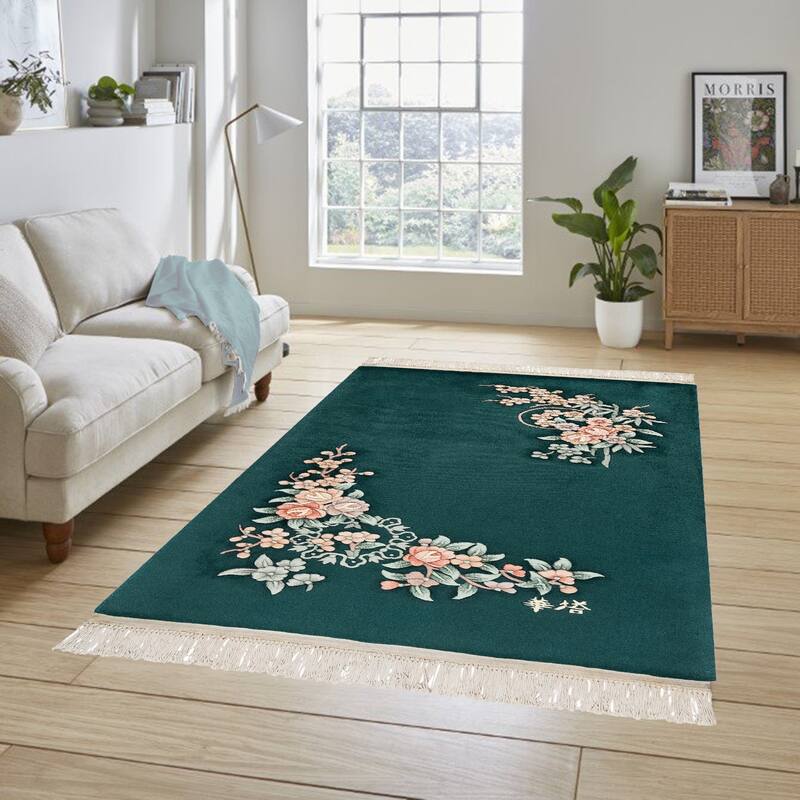 Gertmenian Oriental Estate Traditional Oriental Floral Border Metallion Hand Knot Wool Area Rug Collection - Verdant Green - 4x6