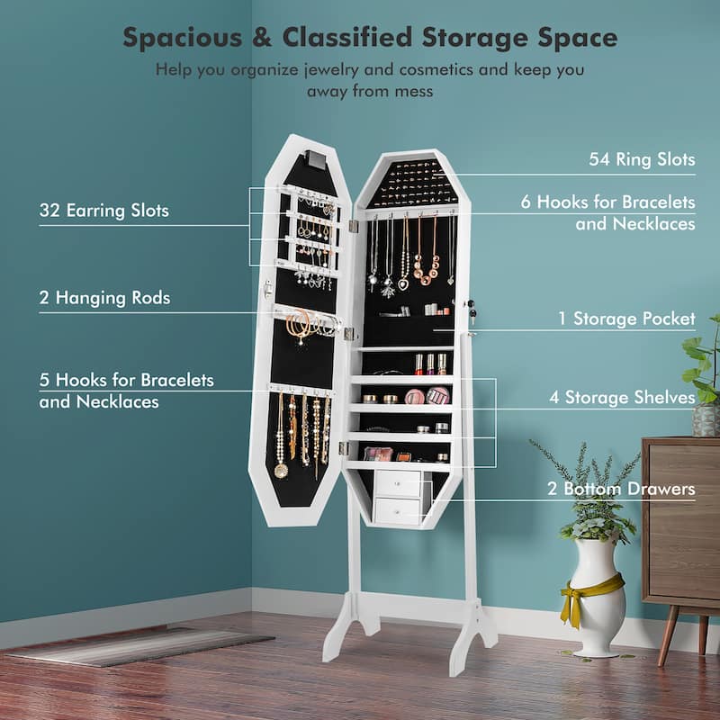 Costway Standing Jewelry Cabinet Armoire Organizer LED Light Mirror - See Details