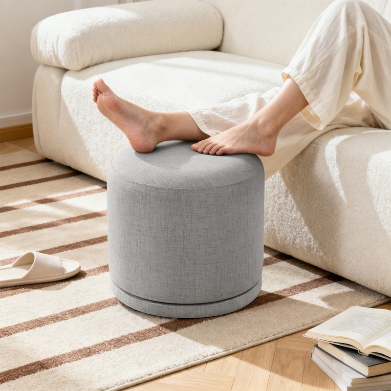 Fully Assembled Linen Round Swivel Ottoman Footstool with Acacia Hardwood Frame