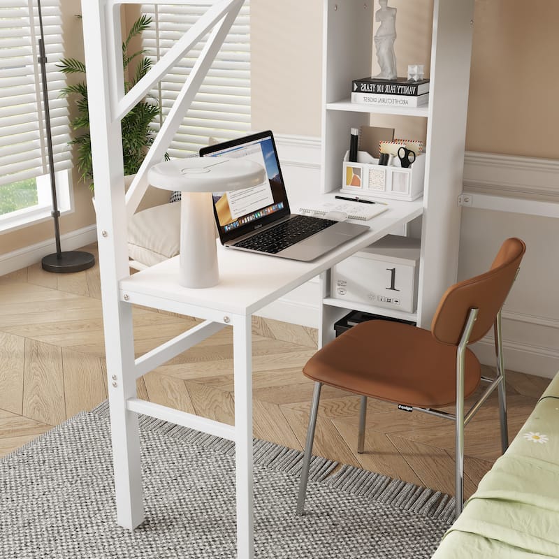 Full over Twin Metal Bunk Bed with Desk and Bookshelves, Detachable Metal Bunk Bed with LED and Charge Station Platform Bed