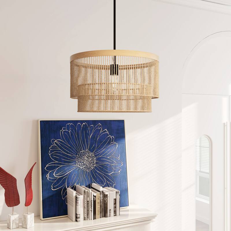 1-Light Rattan Farmhouse Boho Rustic Drum Light