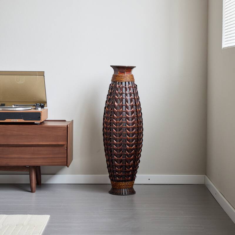 39-Inch Tall Hand-Woven Bamboo Floor Vase - For Dried Or Silk Flower Arrangements