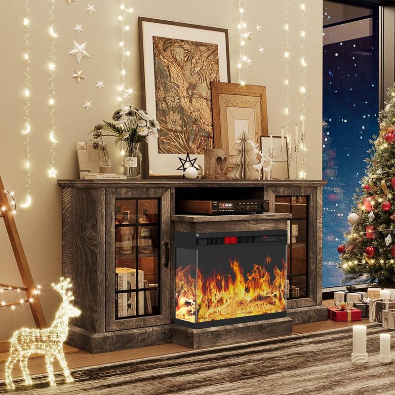 Fireplace TV Stand with All-Sided Glass Electric Fireplace - Grey