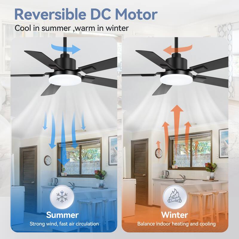 48"/52"/60" Modern Black LED Ceiling Fan with Light Remote (5/6 Reversible Blades)