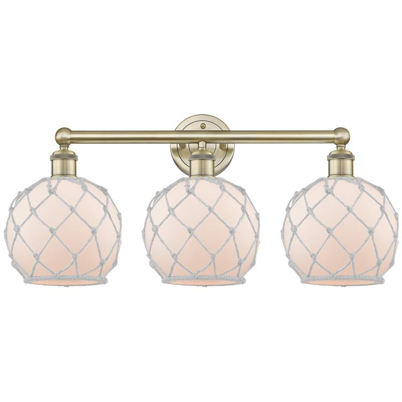 Innovations Lighting Endless Possibilities Edison - Farmhouse Rope - 3 Light 26" Bath Vanity Light - Antique Brass/White Glass with White Rope