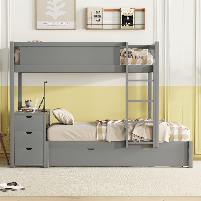 Merax Full/Twin Bunk Bed with Twin size Trundle, Storage and Desk - Grey - Twin