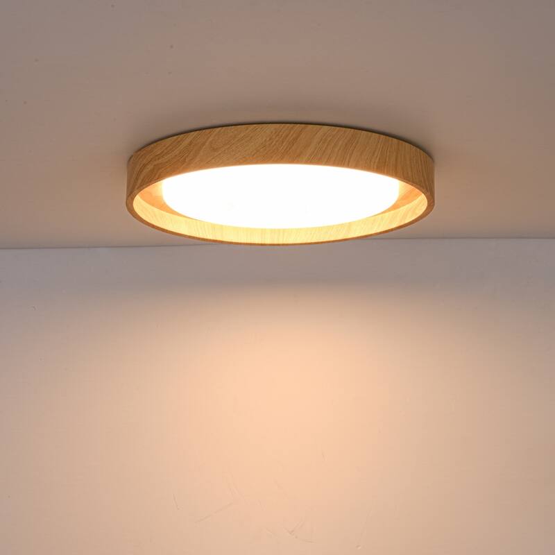 19.7" W Modern Minimalist Round Circle Integrated LED Flush Mount Ceiling Light with Wood Grain Finish