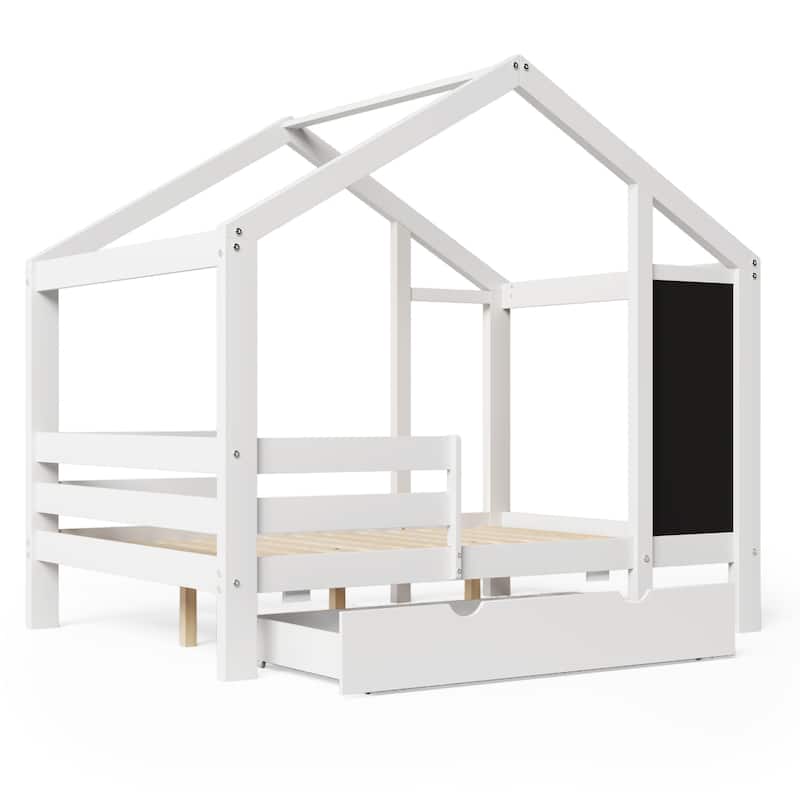 House Bed with Blackboard and Drawers, Two assembly options, White