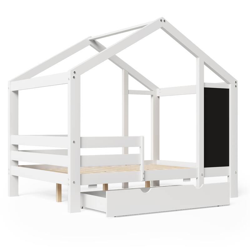 Roomfitters Size House Bed with Blackboard Panels and Storage Drawers, Two Assembly Options, White