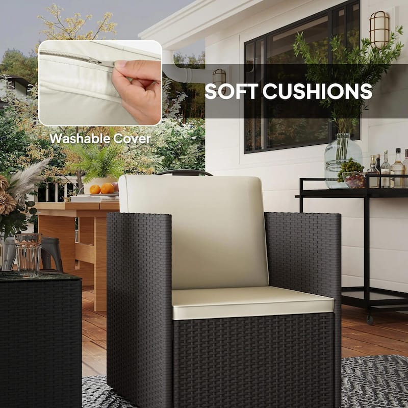 Folding Wicker Bistro 3-Piece Outdoor Set with Cushions and Glass Top