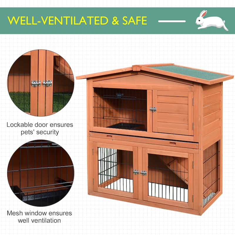 PawHut 40" Multi-Level Wooden Playpen Outdoor Rabbit Small Animal Pet Cage with Enclosed Run, Great for Ferrets & Guinea Pigs