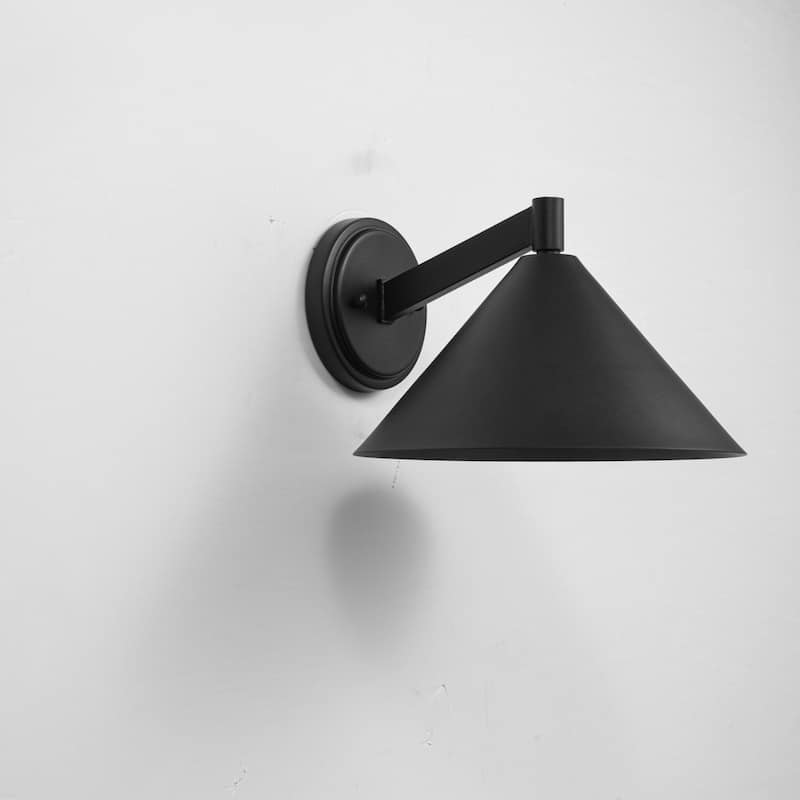 1-Light Modern Industrial Black Outdoor Wall Sconce with Cone Metal Shade - 10.6 in. W x 7.0 in. H x 11.6 in. D