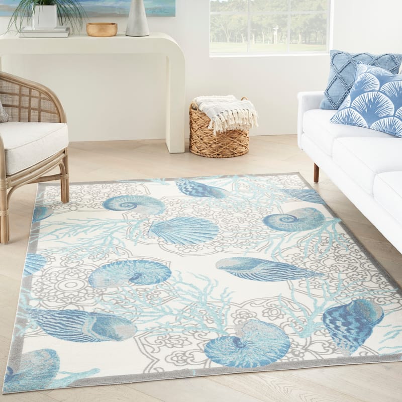 Waverly Sun & Shade Shore Thing Tropical Sea Shell Floral Indoor Outdoor Area Rug