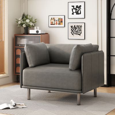 PU Leather Upholstered Lounge Chair, Accent Chair with Throw Pillow, Reading Chair with Solid Wood Frame & Steel Legs