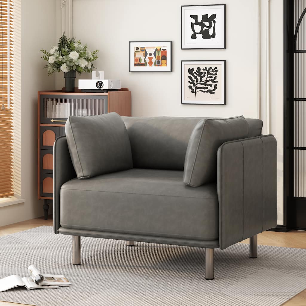 PU Leather Upholstered Lounge Chair, Accent Chair with Throw Pillow, Reading Chair with Solid Wood Frame & Steel Legs