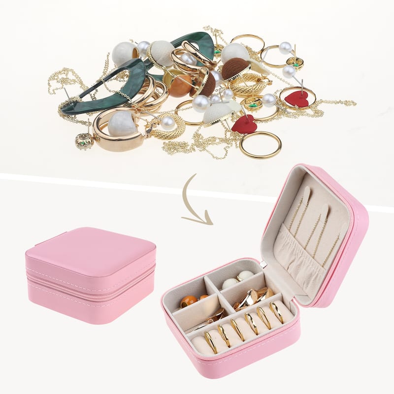 Travel Jewelry Box for Women Girls Birthday Gifts, Small Portable PU Leather Jewelry Organizer Case Storage Holder - 10x10x5cm - Pink