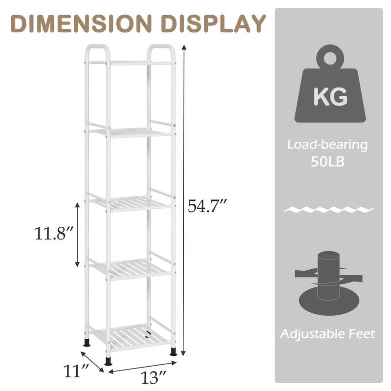 5 Tier Narrow Bathroom Shelving Unit - 13"D x 11"W x 54.7"H