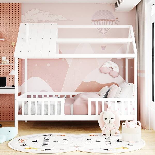 slide 2 of 32, Twin Size House Bed with Fence, Semi-enclosed Play Platform Bed with Roof and Chimney Decoration, for Kids Bedroom White - Twin
