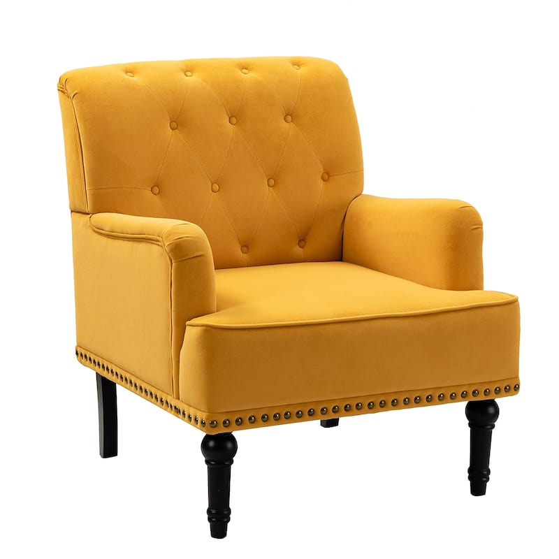 Geltrude Transitional Upholstered Button Tufted Club Chair with turned wooden Legs by HULALA HOME