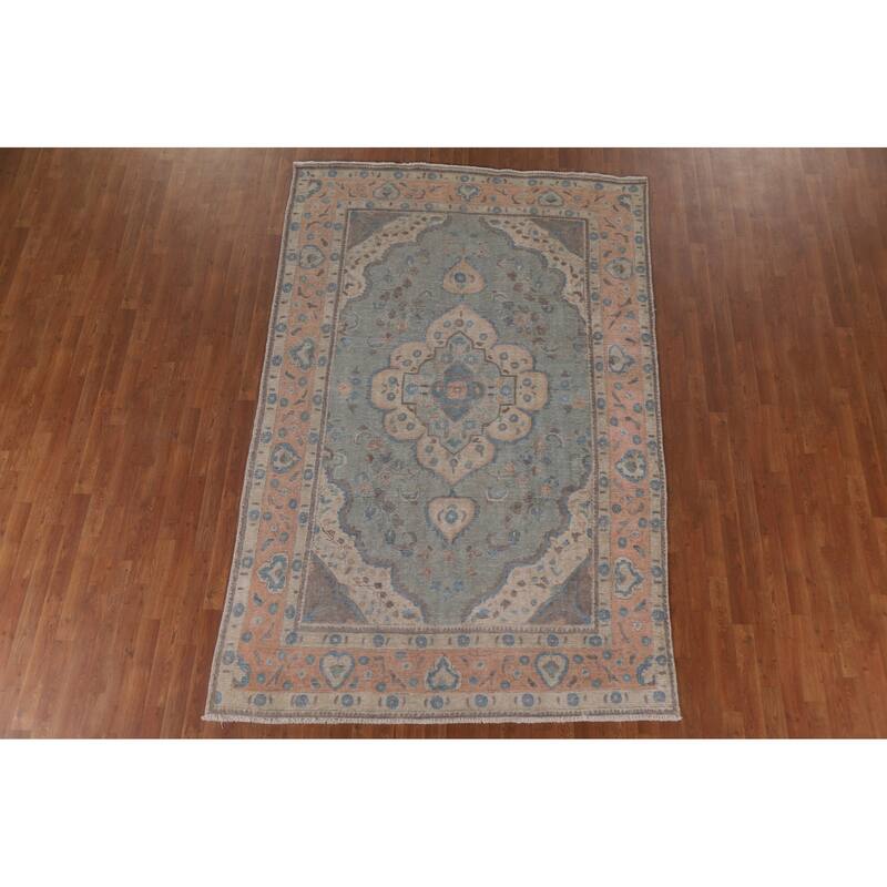 Hand Knotted Oriental 100% Wool Carpet Traditional Medallion Greys & Charcoal Tabriz Area Rug - 9' 6'' X 6' 2''