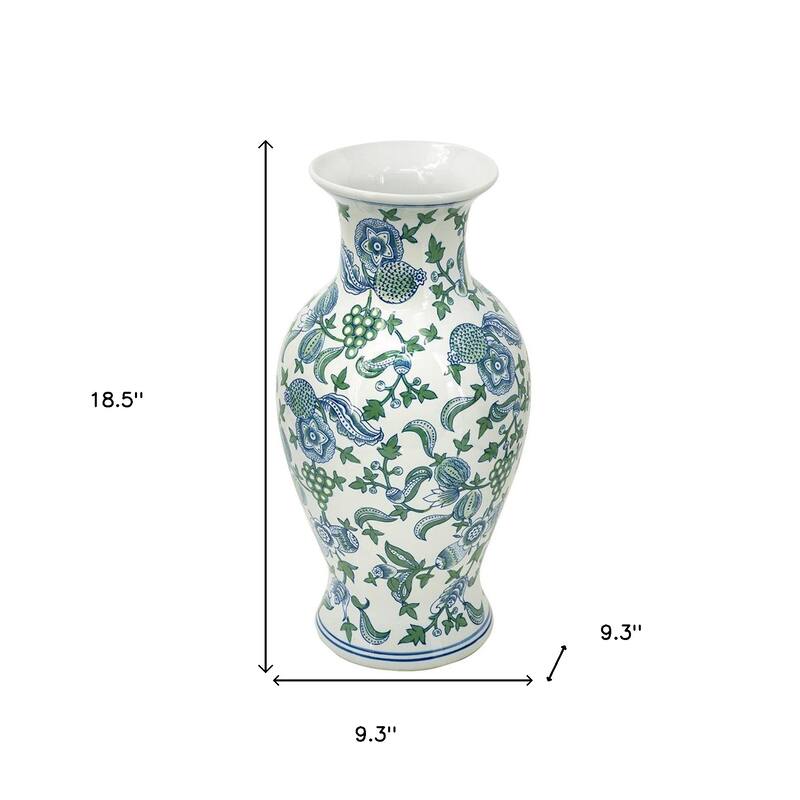 19" White Blue And Green Floral Urn Porcelain Table Vase - 9.30