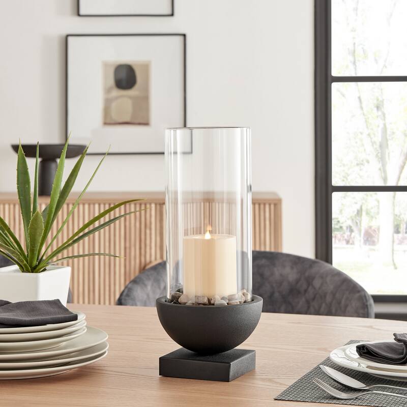 Small Pillar Candle Holders with Pebble and Pedestal Base - 13.5" - Black