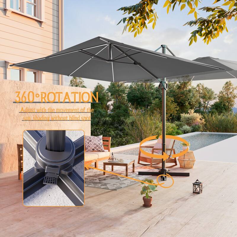LIVOOSUN 10x8ft LED Rectangle Cantilever Umbrella Patio Offset Umbrella For Outdoor Space, Solution-Dyed Fabric, 360° Rotation