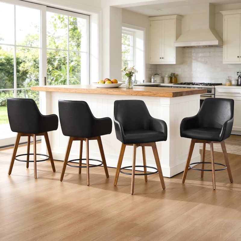 25 Inch Upholstered Swivel Counter Height Bar Stool with Armrests, Solid Wood Legs - 23.6"W x 22.4"D x 40.2"H