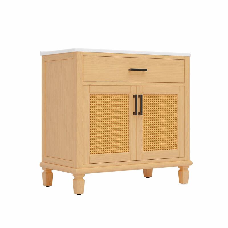 36" Rattan Bathroom Vanity with Ceramic Sink, Modern Bathroom Sink Cabinet with 2 Soft Close Doors and 3 Drawers