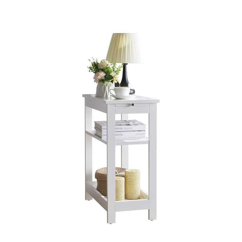 Slim Wood Side End Table with Storage Shelves & Pull-Out Tray, Nightstand for Bedroom, Living Room - 20"L x 11"W x 24"H
