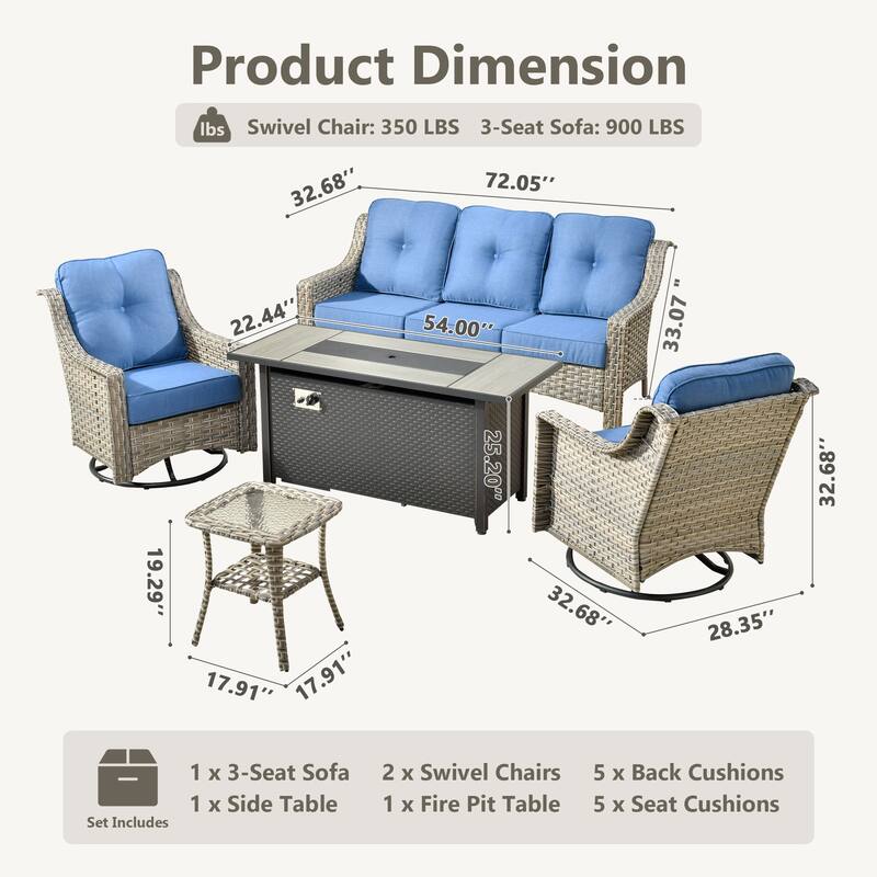 HOOOWOOO 5-piece Rattan Outdoor Patio High Back Swivel Chair Set with 54"Fire Pit