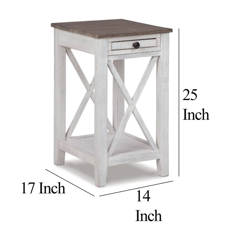 Accent Table, 1 Drawer and Shelf, USB Ports, 25 Inch White Solid Wood