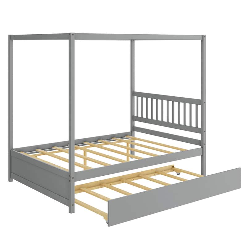 Gymax Full Size Canopy Bed with Trundle Wooden Platform Bed Frame