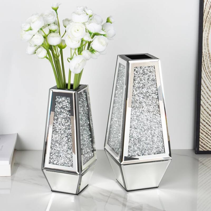 Crushed Diamond Mirrored Vases,Set of 2 - Sliver