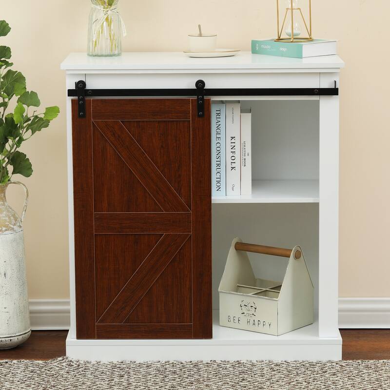 Sliding Barn Door Storage Cabinet - White Wood Accent Cabinet - Farmhouse Style Organizer