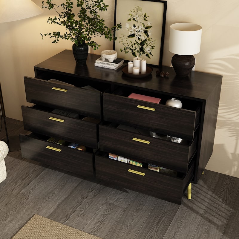 Modern 6-Drawer Dresser with Gold Legs and Handles, 47.2" Wide Mid-Century Bedroom Dresser Chest