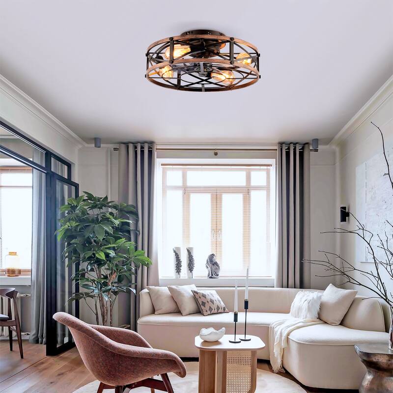 20 inch Flush Mount Ceiling Fan Light with Remote Caged Farmhouse Fandelier Black Wood Low Profile